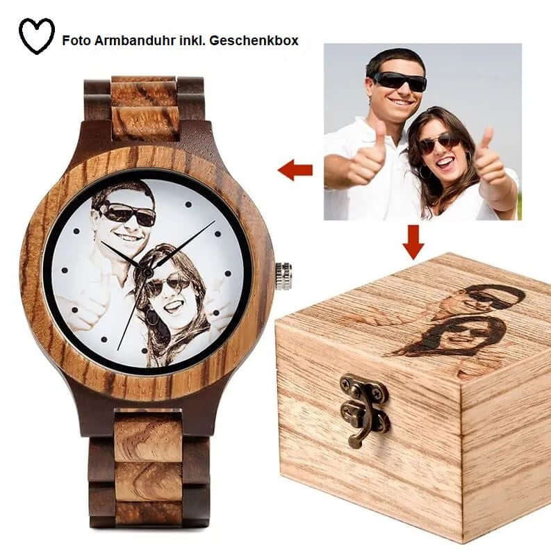 Armbanduhr mit individuellem Foto und gravierter Geschenkbox